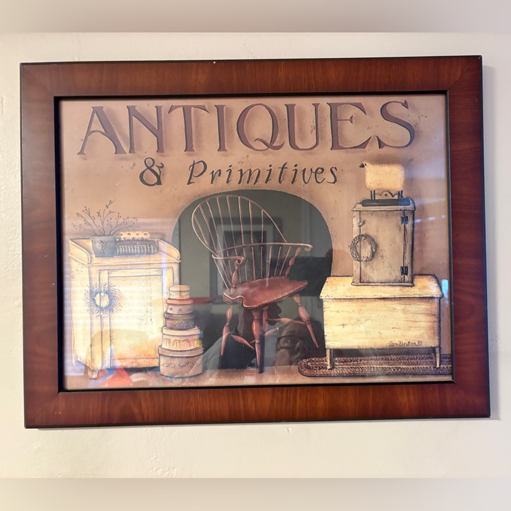 Wall decor. Antiques & Primitives. Wood frame. Glass. Print.